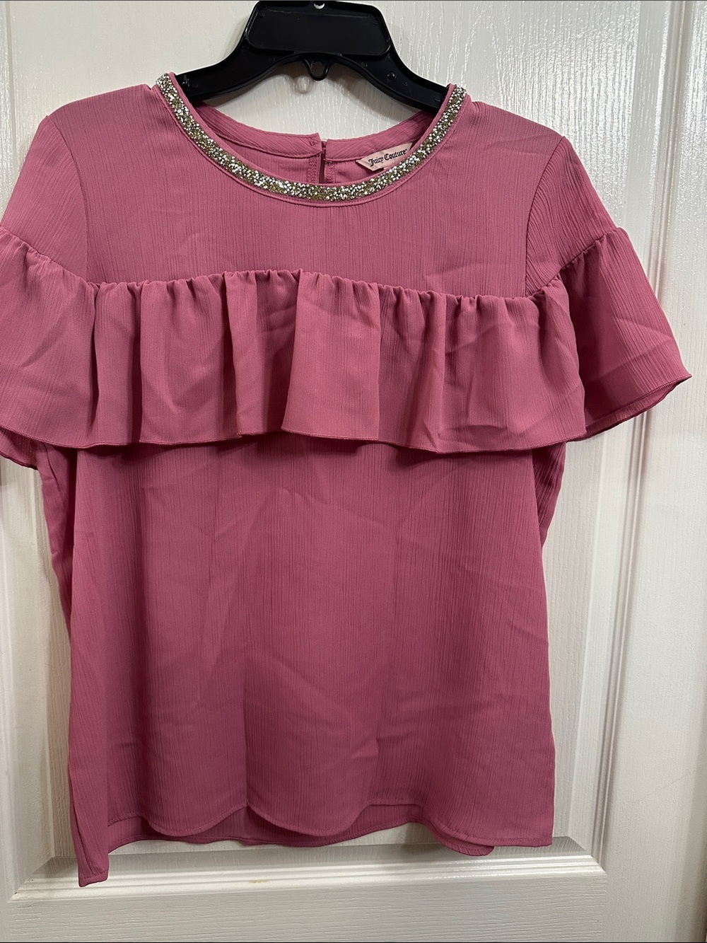 Juicy Couture Rose Pink Ruffle Short-Sleeve Blouse with Jeweled Neckline